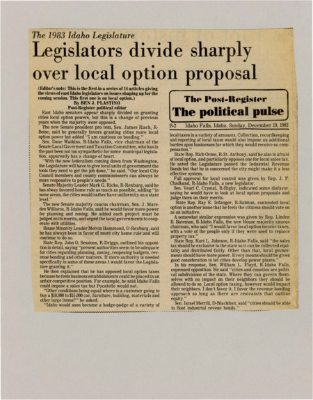 A newspaper article discussing the legislatures opinions on letting municipalities have more options. The main criticisms are whether cities should be able to bond and pass sales taxes.