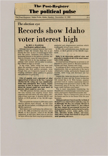 A newspaper article discussing Idaho's high voter turnout. The article also analyzes Americans possible ideological misidentification.