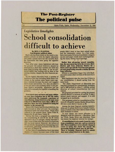 A newspaper article discussing local pushback to school consolidation. The recent push to consolidate school districts has actually been going in reverse with some school districts splitting.