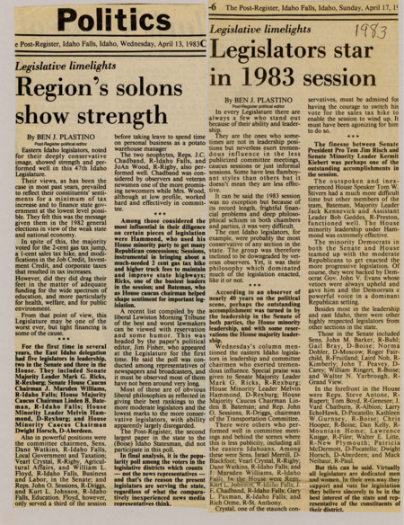 A newspaper article describing the large amount and influential positions that Eastern Idaho legislators hold in the Idaho congress. It also details the new tax increases from the budget.