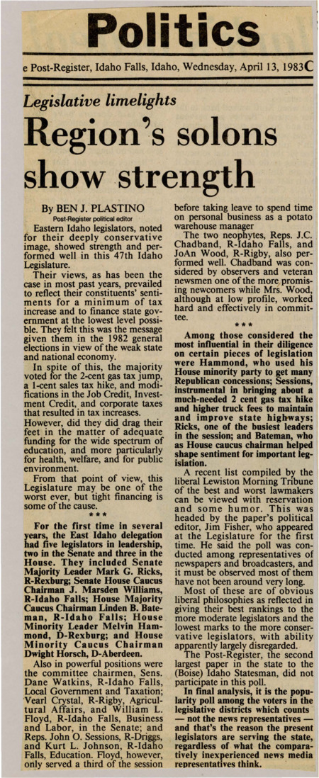 A newspaper article describing the large amount and influential positions that Eastern Idaho legislators hold in the Idaho congress. It also details the new tax increases from the budget.