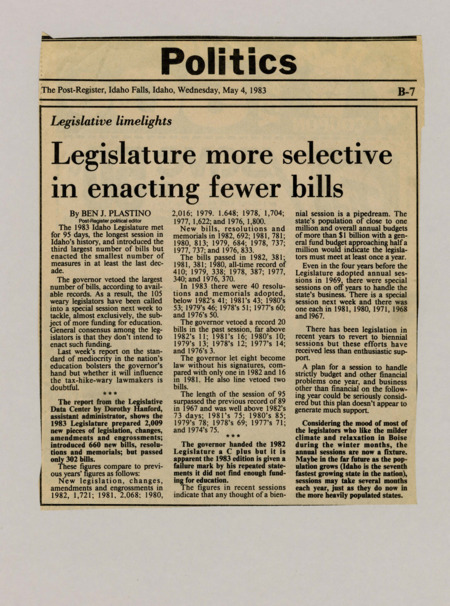 A newspaper article discussing the reduced number of bills passing through the Idaho congress. The article lists out proposed legislation over the last several years of varying types. There is also discussion of increasing the amount of sessions during the year to logistically handle the increased legislation.
