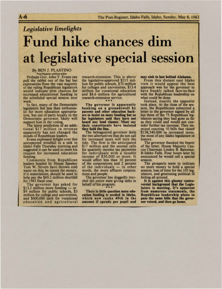 A newspaper article discussing Governor Evans hope for a funding increase for education during the special sessions. The legislators, however, do not share this belief and the chance for an increase is slim.