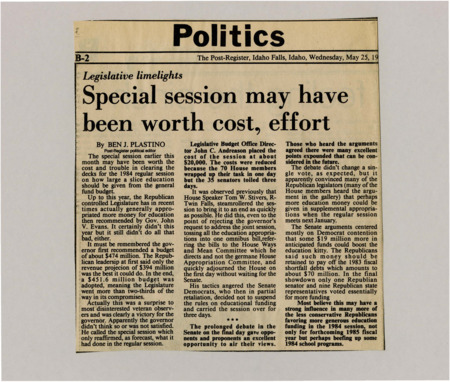 A newspaper article detailing the results of the 1984 budget special session. With a compromise for funding between the legislature and governor.