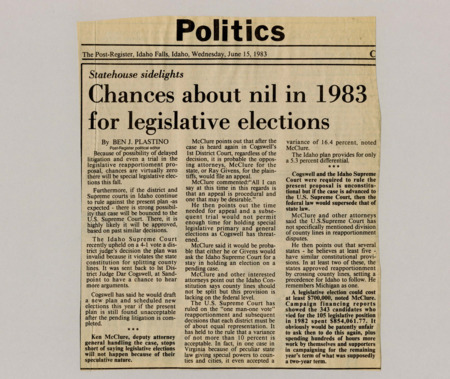 A newspaper article discussing the possibility or lack thereof for new elections based on redrawn legislative maps. The redistricting already hotly contested would have to be approved by the supreme court.