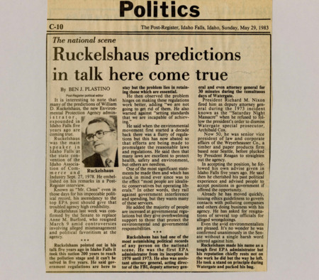 A newspaper article discuss the new EPA director William  D. Ruckelshaus' background and future policies. Image labeled "Ruckelshaus."