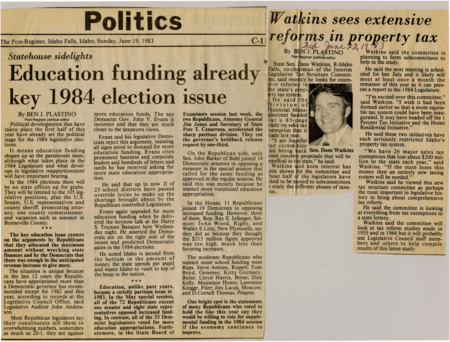 A newspaper article explaining the importance of education funding in the 1984 election with partisan battles over funding. Both sides of the debate believe they have the support of constituents which will be decided in the election.