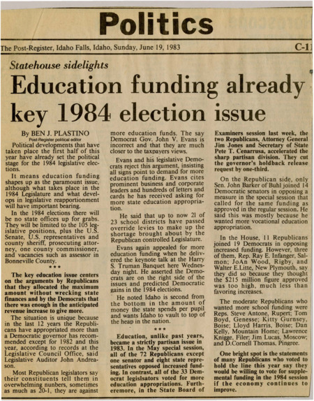 A newspaper article explaining the importance of education funding in the 1984 election with partisan battles over funding. Both sides of the debate believe they have the support of constituents which will be decided in the election.