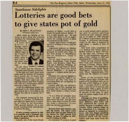 A newspaper article discussing the opportunity for the state to tax lottery winnings. There's details about public repugnance against gambling but lottery is too lucrative for the state to pass up. Image labeled "Vernon T. Lannen."