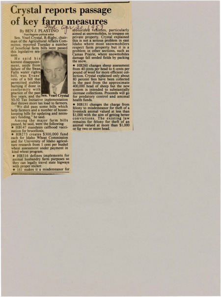 A newspaper article discussing the actions of Senator Vearl Crystal in the agricultural committee and the passing of several key pieces of legislation. The legislation mainly pertains to fee collection, highway licensing, University of Idaho research, and trespassing punishments. Image labeled "Sen. Vearl Crystal."