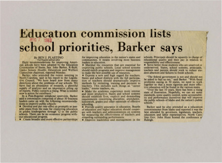 A newspaper article detailing the priorities that should be taken to improve education and schools set out by the Education Commission of States.