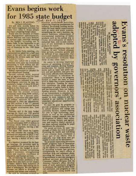 A newspaper article discussing Governor Evans' priorities and goals for the 1985 spending bill. He addresses taxation, public salaries, the economy, and health.