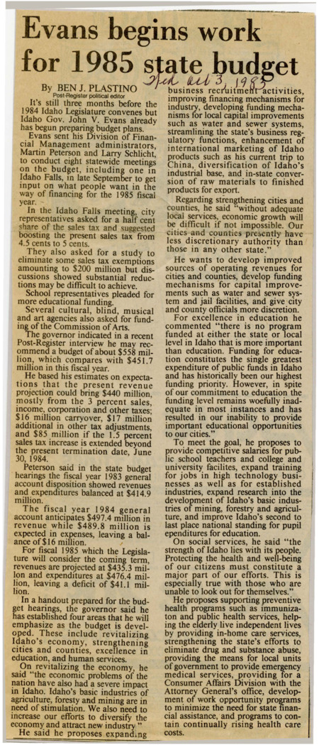 A newspaper article detailing the governors association's meeting about nuclear waste storage. Governor Evans' passed a resolution around nuclear waste, and also discussed matters of the federal deficit and education.