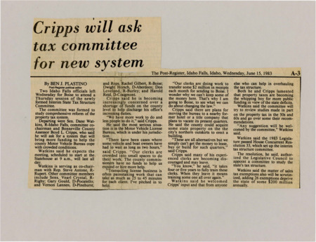 A newspaper article detailing Bonneville county assessor Boyd Cripps requests from the Tax Structure Committee. Boyd was especially concerned with county funding.