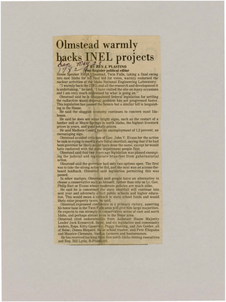 A newspaper article discussing Speaker Ralph Olmstead's view of the economy and the governor's actions to solve the deficit. He also talks about his support of INEL.