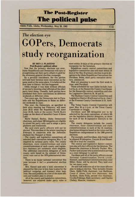 A newspaper article detailing the internal reorganization of the Idaho Democrat and Republican parties post primary but pre 1982 election. There's a humorous coincidence with both party conventions being held at the same place in the same week completely on accident.