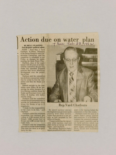 A newspaper article detailing the creation of the new Idaho water management plan. The creator of the plan Rep. J. Vard Chatburn said his priorities were conservation, and energy production. Image labeled "Rep. Yard Chatburn."