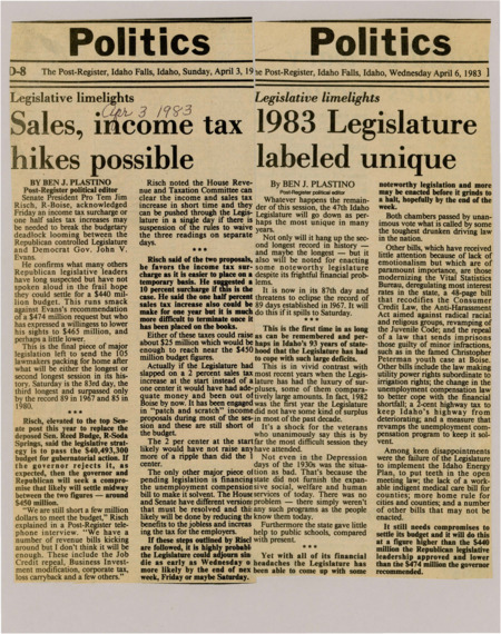 A newspaper article detailing a fight between the Republican legislature and Governor Evans over the 1984 budget. A compromise is needed with a likely sales tax increase to see shore up funding.