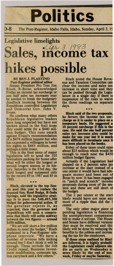 A newspaper article detailing a fight between the Republican legislature and Governor Evans over the 1984 budget. A compromise is needed with a likely sales tax increase to see shore up funding.