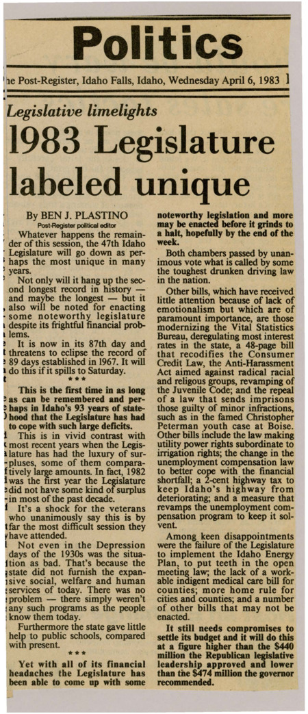 A newspaper article detailing the record breaking 1983 legislative session both close to breaking the record for longest but also possibly presiding over the largest deficit in state history.