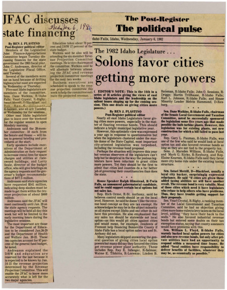 A newspaper article detailing Eastern Idahoan legislators views on giving more options to municipalities. Most agreed but some key disagreements about the right to levy sales tax.
