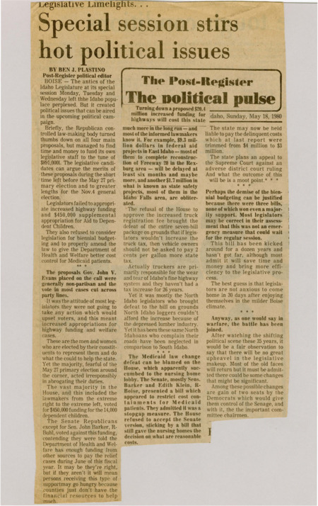 A newspaper article about a special session to finish the 1981 budget. The session discussed several funding actions related to children's health and highway appropriations.