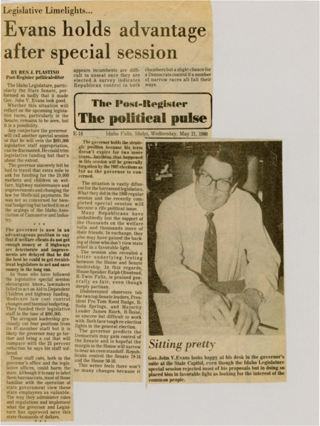 A newspaper article discussing Governor Evans perceived political prowess now being able to blame failings of state programs on the dysfunctional legislature. Image labeled "Sitting pretty."