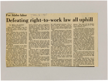 A newspaper article detailing the tough fight to overturn Right-to-work laws noting that since the original defeat in 1958 attitudes and the legislative makeup has changed to be more conservative.