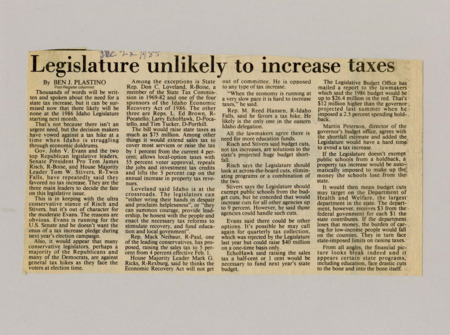 A newspaper article detailing the Republican controlled legislatures refusal to raise taxes in the face of a drastic deficit. The article warns that programs will most likely be cut severely to shore up funding instead, lest risking an emergency property tax.
