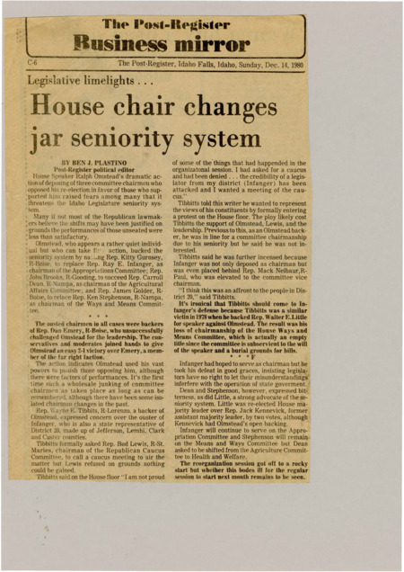 A newspaper article detailing House Speaker Ralph Omsteads decision to strip three legislators of their committee chairman role. This move is thought to be retaliation for voting against him. The article is concerned with the disruption of the seniority system with these politically motivated demotions.