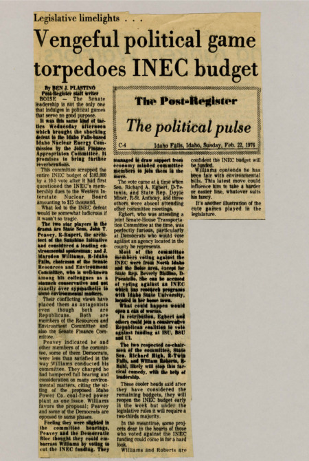 A newspaper article detailing political games being played in the JFAC committee with Democrats ,retaliating against Republican led budget cuts, voted to cut funding to the Idaho Nuclear Energy Commission. This has only invited further retaliation with Republicans planning to cut funding to several higher education institutions.