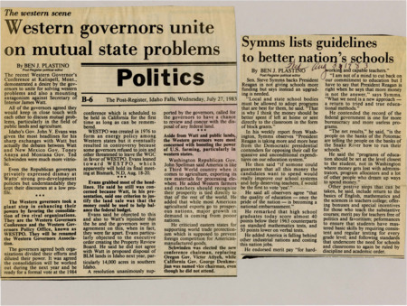 A newspaper article detailing the newly created western governors association, discussion with secretary of the interior James Watt and his extremely pro development stance related to public lands. There was also discussion of what western governors would like done with the land being in agreement that boosting agriculture would be good policy.