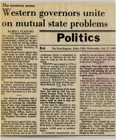 A newspaper article detailing the newly created western governors association, discussion with secretary of the interior James Watt and his extremely pro development stance related to public lands. There was also discussion of what western governors would like done with the land being in agreement that boosting agriculture would be good policy.