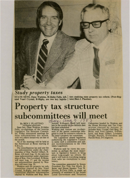 A newspaper article detailing the goals of the property tax structure committee. Namely comprehensive analysis on taxation sources so that state can get funds from elsewhere. Image labeled "Study property taxes."