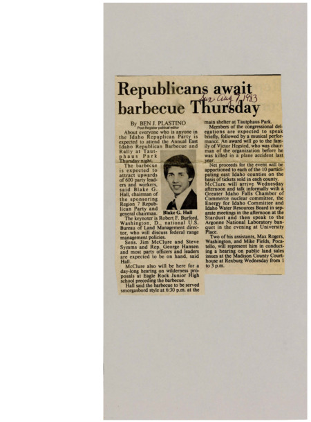 A newspaper article discussing the Idaho Republican Barbeque and Rally. The rally will cover topics like public lands and ideas for Wilderness proposals. Image labeled "Blake G. Hall"