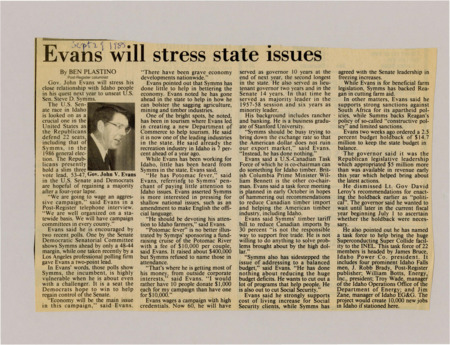 A newspaper article discussing Governor John Evans and his race next year to oust Steve Symms for the congressional senate seat. John Evans explains all the good policies he has helped advocate for in the state and other political maneuvering in preparation for the election. Image labeled "Gov. John V. Evans."