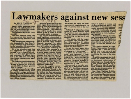 A newspaper article detailing Eastern Idaho legislators dislike for a special session. The legislator feel they accomplished a lot in the already long regular session. Article is damaged.