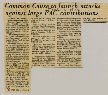 A newspaper article detailing Common Cause's criticism of large PAC contributions, referencing the undemocratic values in it. The article then lists out specific politicians and the amount of money they get from different PACs.