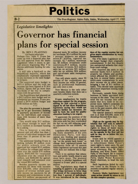 A newspaper article detailing Governor Evans plans for the 1983 special session. Evans wishes to pass a slate of excise tax increases as well as income and corporate taxes to help shore up funding for education.