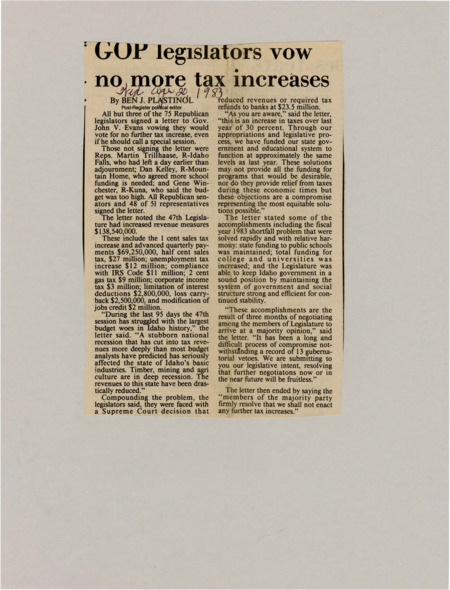A newspaper article detailing a letter signed by 48 of the 51 republicans in the legislature committing to no more tax increases regardless of a special session or not.
