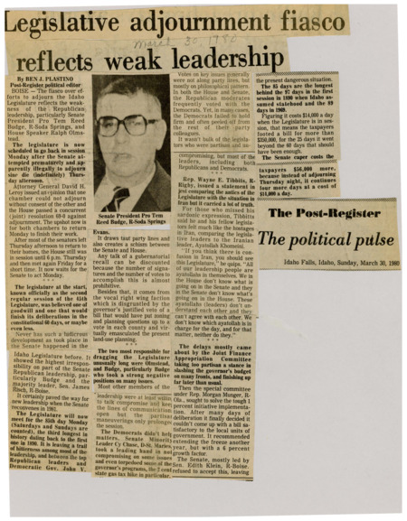 A newspaper article Image criticizing the actions of Reed Budge for illegally adjourning Senate and showing clear weakness within the Republican party leadership. The article further dives into the costs of having to reconvene to adjourn properly.  labeled "Senate President Pro Tem Reed Budge, R-Soda Springs."