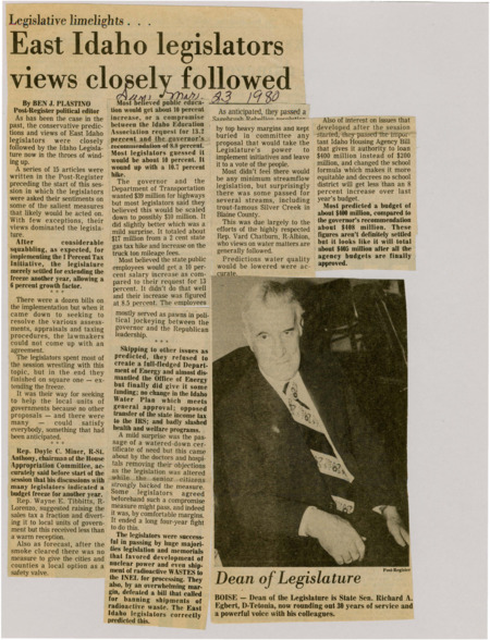 A newspaper article entailing the impact Idaho legislators are having on the legislature. From following policy recommendations to widespread support for continued nuclear development and failing a ban on shipments of nuclear waste.  Image labeled "Dean of Legislature."