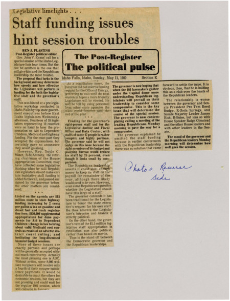 A newspaper article discussing the bills being proposed in the 1980 special session with a bill for Governors staff to make departments more efficient.