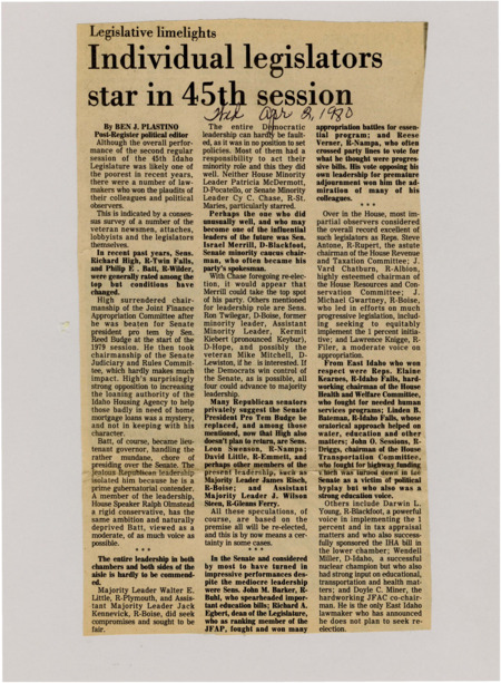 A newspaper article commending the best legislators in a poor performing legislature. There's a background of what they did to be commended as the star legislators.