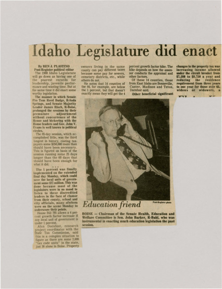 A newspaper article describing some of the good policies passed by the 1980 legislature. Namely increases in education, health care, and housing agency funding.  Image labeled "Education friend."