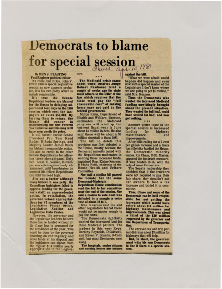 A newspaper article criticizing Democrats overeagerness to secure medicaid funding in the state it left a deficit and was thrown out almost unanimously in committee. There's also criticism for Democrats obstinance to the Trucking ton tax hike and ended up throwing out the tax and losing nearly 13 million in lost revenue that would've been used  in highway improvements.