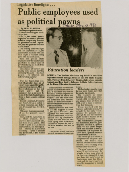 A newspaper article detailing the legislatures actions to underfund public employee salary increases forcing some to be fired. Plastino criticizes the Republicans actions against public employees and using them as pawns. Image labeled "Education leaders."