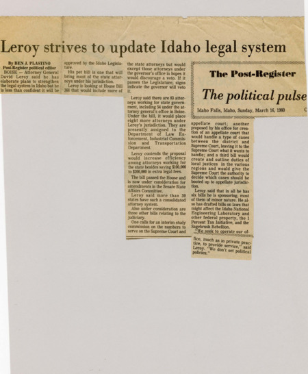 A newspaper article discusses AG David Leroy's efforts to consolidate state lawyers under the AG office.