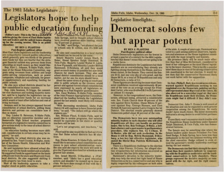A newspaper article detailing eastern Idaho legislators views on important education related policy. Topics such as school district consolidation, and increase funding to education.