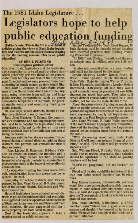 A newspaper article detailing eastern Idaho legislators views on important education related policy. Topics such as school district consolidation, and increase funding to education.